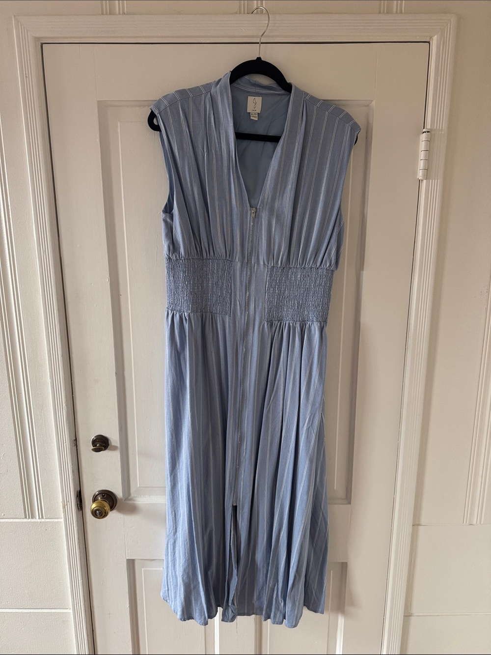 Joie Light Blue Sleeveless Midi Dress with Smocked Waist and Zipper